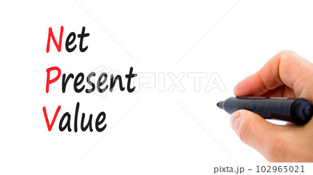NPV net present value symbol. Concept words NPV net present value on white paper on a beautiful white background. Businessman hand. Business and NPV net present value concept. Copy space. 102965021