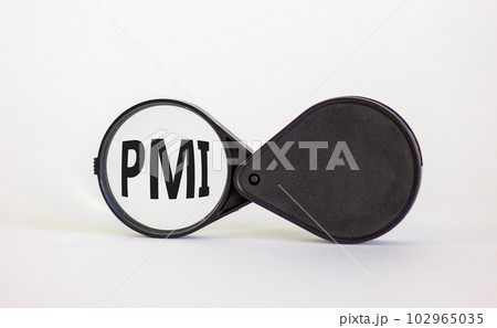 Magnifying glass with text 'PMI' - 'Purchasing Managers Index' on beautiful white background. Business concept, copy space. 102965035