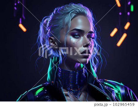 An appealing woman in futuristic garb is depicted in a cyberpunk painting. Generative AI. An appealing woman in futuristic garb is depicted in a cyberpunk painting. Generative AI. 102965459