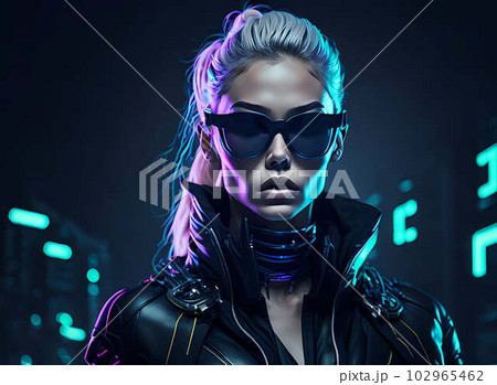 An appealing woman in futuristic garb is depicted in a cyberpunk painting. Generative AI. An appealing woman in futuristic garb is depicted in a cyberpunk painting. Generative AI. 102965462