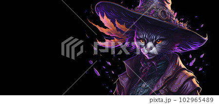 A colorful abstract portrait Puss in Boots on black background. Generative AI A colorful abstract portrait Puss in Boots on black background. Generative AI 102965489