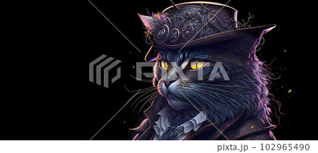 A colorful portrait of a steampunk cat on black background. Generative AI 102965490