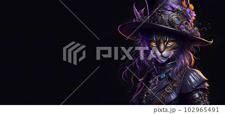 A colorful portrait of a steampunk cat on black background. Generative AI. 102965491