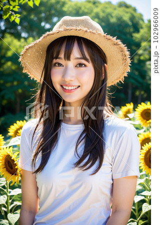 ひまわり畑　日本人女性　夏休みの旅行 102966009