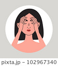 Facial pain. Young women suffering from a migraine. Female with health problem. Nose pain and painful eyes symptom of sinusitis or different disease. Flat vector medical illustration 102967340