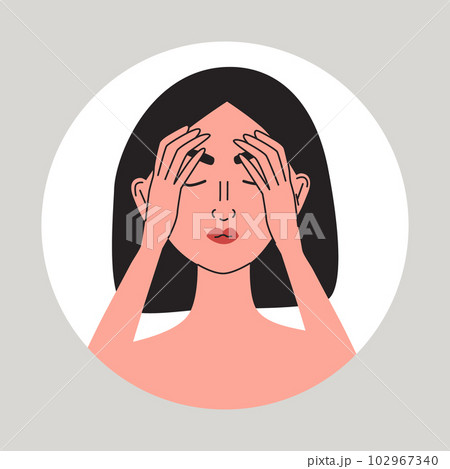 Facial pain. Young women suffering from a migraine. Female with health problem. Nose pain and painful eyes symptom of sinusitis or different disease. Flat vector medical illustration 102967340