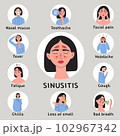 Young woman with sinusitis symptoms and early signs. Female with fever, chills, facial pain. Infografic with patient character. Problem with health. Flat vector medical illustration 102967342