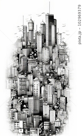 白黒の街の風景イラスト,Generative AI AI画像 白黒の街の風景イラスト,Generative AI AI画像 102969379