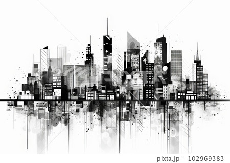 白黒の街の風景イラスト,Generative AI AI画像のイラスト素材