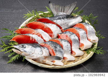 新鮮で美味しい鮭の切り身 102969942