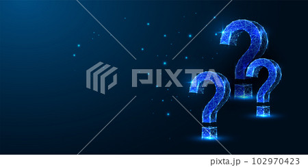 Abstract futuristic dark blue background banner with question marks in glowing low polygonal style. Abstract futuristic dark blue background banner with question marks in glowing low polygonal style. 102970423