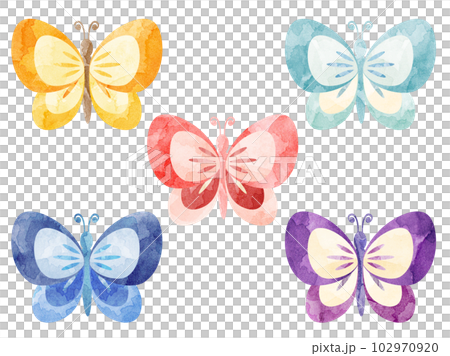 カラフルな蝶のイラストのセット　水彩風加工バージョン 102970920