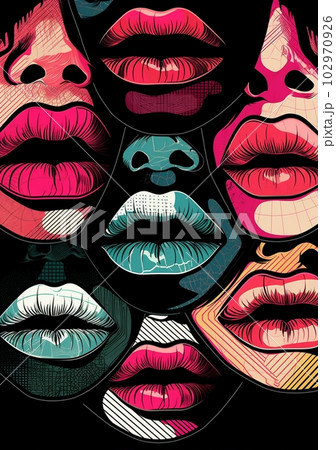 style woman illustration art kiss lips female mouth abstract poster lipstick. Generative AI. 102970926