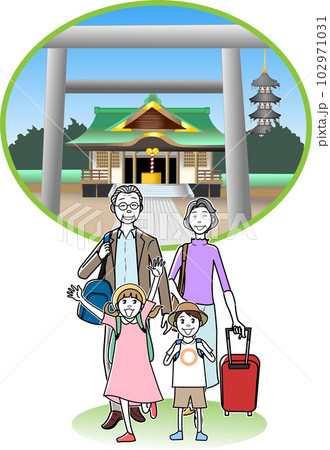 孫を連れて日本の寺社仏閣を訪れる高齢夫婦 102971031