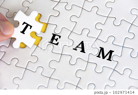 Team text on white jigsaw puzzle. Business and teamwork concept Team text on white jigsaw puzzle. Business and teamwork concept 102971414