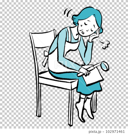 A hand-drawn illustration of a grandmother who is tired of housework and sits down on a chair 102971461
