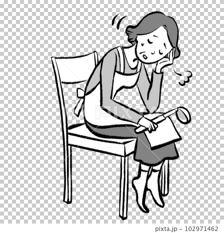 A hand-drawn monochrome illustration of a grandmother who is tired of housework and sits down on a chair 102971462