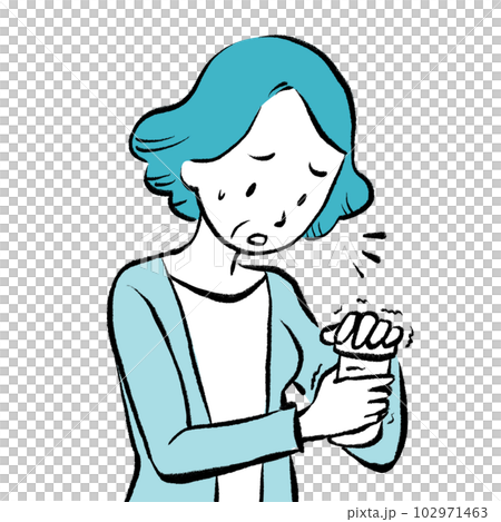 蓋が開かなくて困るおばあちゃんの手書き風イラスト 102971463