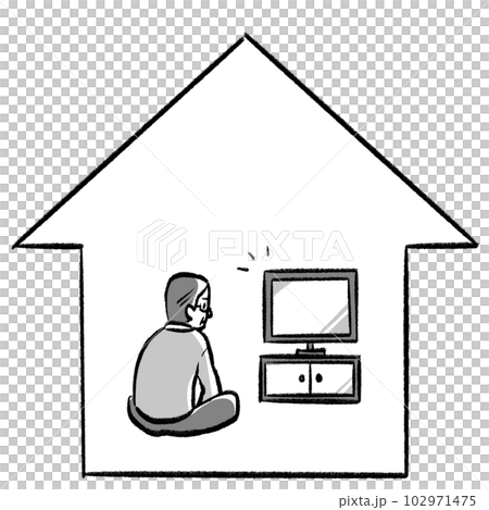 家に引きこもりテレビを見るおじいちゃんの手書き風モノクロイラスト 家に引きこもりテレビを見るおじいちゃんの手書き風モノクロイラスト 102971475