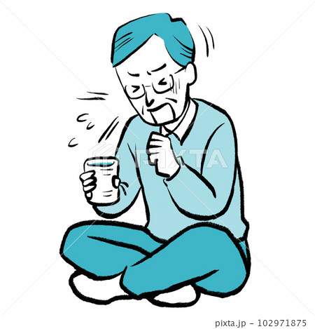 飲み物を喉につまらせてむせるおじいちゃんの手書き風イラスト 飲み物を喉につまらせてむせるおじいちゃんの手書き風イラスト 102971875