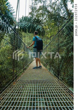 Arenal Hanging Bridges, young man hiking in green tropical jungle, Costa Rica, Central America. 102972454
