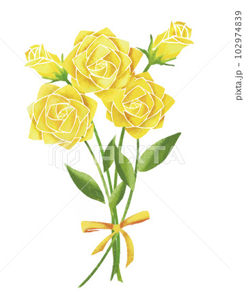 H. Wada 黄色のバラの絵 黄色の薔薇の花束の手描きイラストのイラスト素材 [102974839