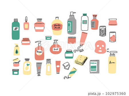 洗面用品の手書きイラストセット ボトルやクリーム、美容用品 洗面用品の手書きイラストセット ボトルやクリーム、美容用品 102975360