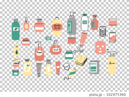 洗面用品の手書きイラストセット ボトルやクリーム、美容用品 洗面用品の手書きイラストセット ボトルやクリーム、美容用品 102975360