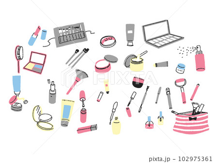 メイク用品の手書きイラストセット　ブラシや化粧品、小物類など 102975361