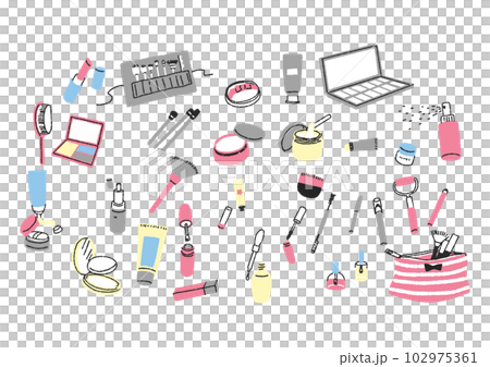 メイク用品の手書きイラストセット　ブラシや化粧品、小物類など 102975361