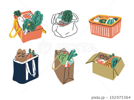 ビニール袋や買い物カゴ、エコバックに入った食料品のイラストセット ビニール袋や買い物カゴ、エコバックに入った食料品のイラストセット 102975364