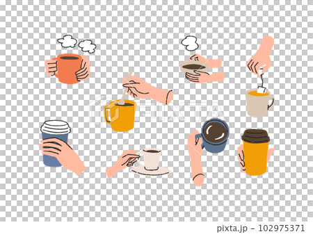 飲み物を持つ手元のセット　コミカルな手書きの素材　 102975371
