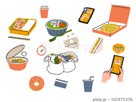 デリバリーサービスに関する食べ物やアイコンのセット デリバリーサービスに関する食べ物やアイコンのセット 102975376