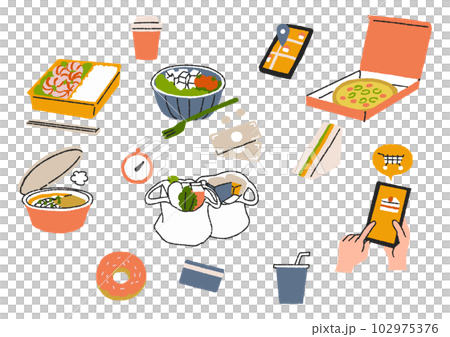 デリバリーサービスに関する食べ物やアイコンのセット デリバリーサービスに関する食べ物やアイコンのセット 102975376