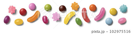 ゼリービーンズ、グミなどのお菓子による背景テクスチャー ゼリービーンズ、グミなどのお菓子による背景テクスチャー 102975516