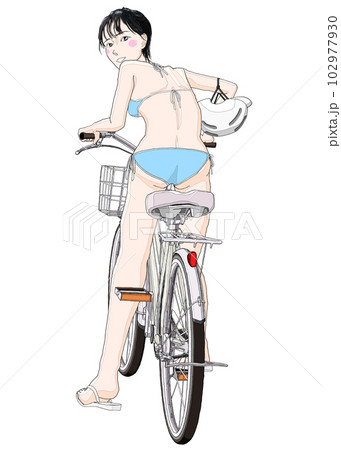 自転車に乗っているビキニ水着の女の子12ヘルメット右側 102977930