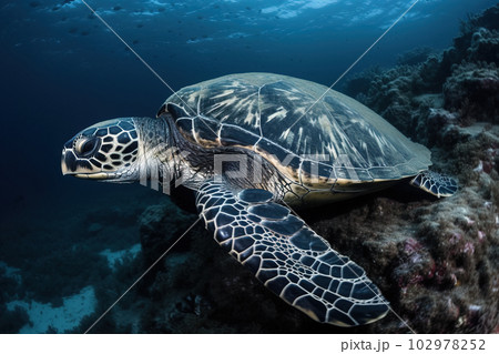image of a hawksbill turtle swimming under the sea. underwater animals. illustration, generative AI. 102978252