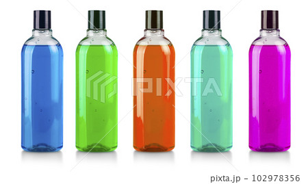 Set of colored Shampoo bottle on a white background with clipping path 102978356