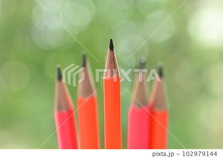 sharp pink and orange pencil on green blur nature background with bokeh 102979144