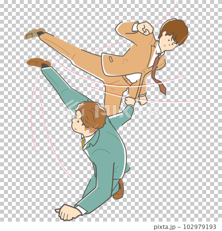 Business people (two men) kicking the whiteboard. should not be done. Business people (two men) kicking the whiteboard. should not be done. 102979193