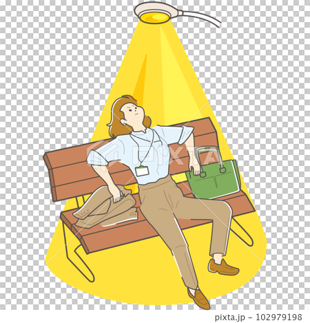 ベンチで天を仰ぐビジネスパーソン（女性）。街灯は彼女を照らすスポットライト。 102979198