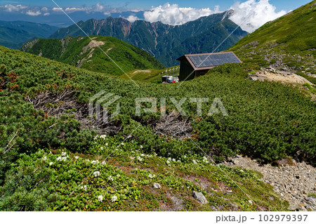 南アルプス・仙丈小屋と雲湧く甲斐駒ヶ岳 102979397
