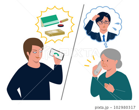 お金を振り込めと詐欺の電話を掛ける男と息子を心配する母親のベクターイラスト 102980317