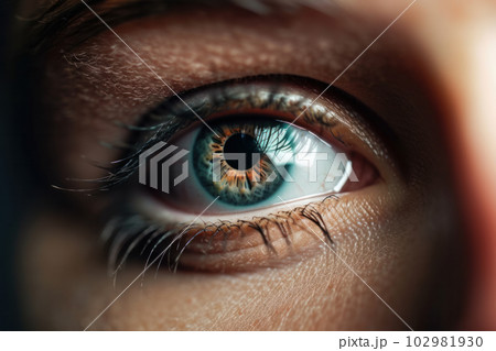 Intense and deep look captured in a close-up of a woman's eye. Macro view of the pupil and iris in stunning blue color. Perfect for emotion, expression and beauty photography. AI Generative. 102981930