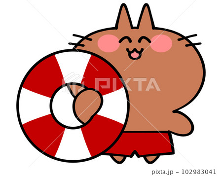浮き輪を持った海パンにゃんこイラスト素材 102983041