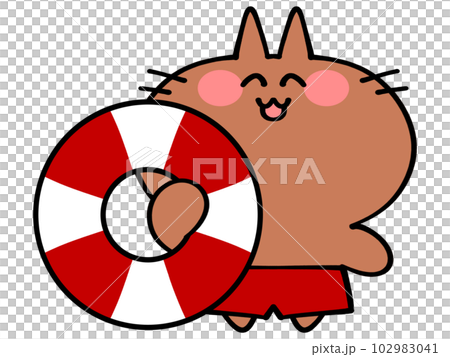浮き輪を持った海パンにゃんこイラスト素材 102983041