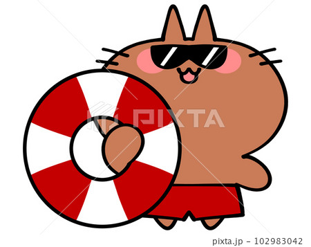 浮き輪を持った海パンにゃんこイラスト素材 102983042