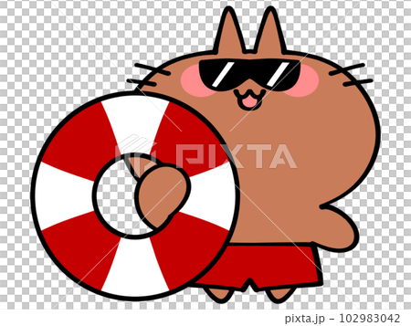 浮き輪を持った海パンにゃんこイラスト素材 102983042
