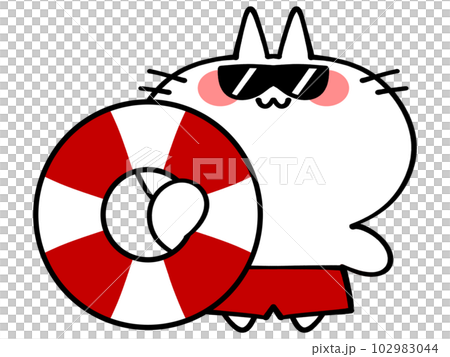浮き輪を持った海パンにゃんこイラスト素材 102983044