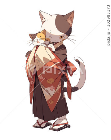 着物女性と猫 着物を着た猫①のイラスト素材 [102983173] - PIXTA